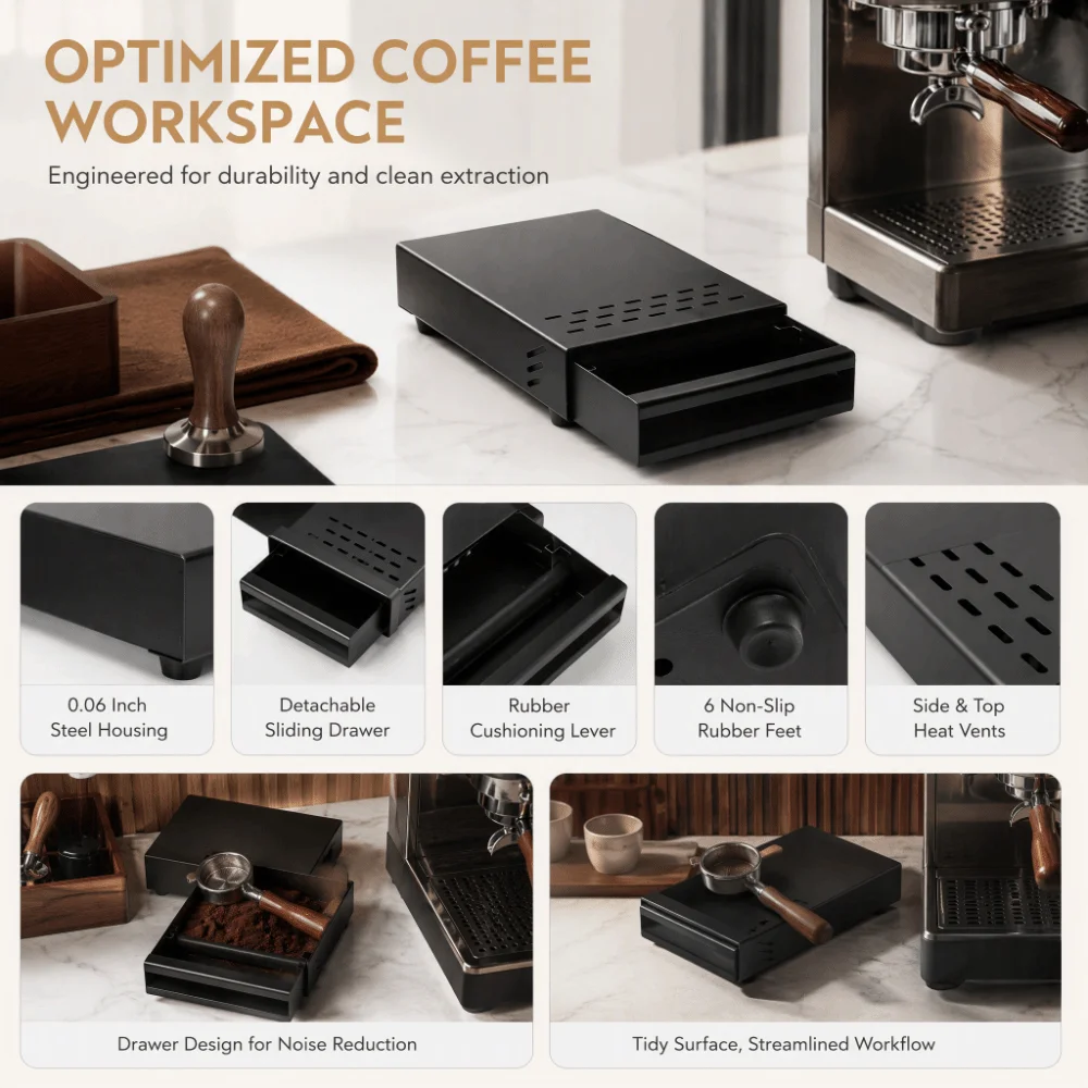 Stainless Steel Coffee Knock Box Thickened Design Rubber Knock Bar Espresso Knock Box Non-slip Base 7.1 x 11 x 2 in