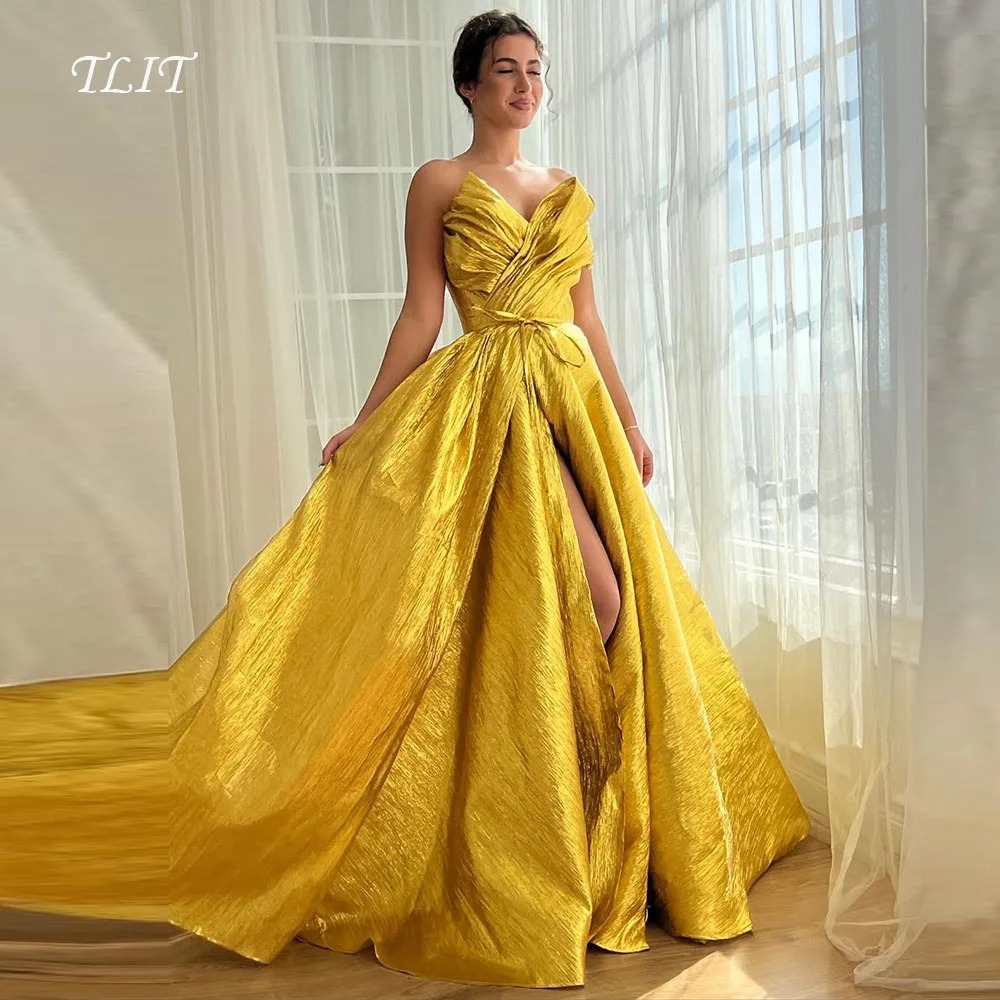 TLIT Elegant Gold Silk Satin Evening Dress Customized فستان  High Side Split Sweetheart Off the Shoulder Sashes Prom Gown