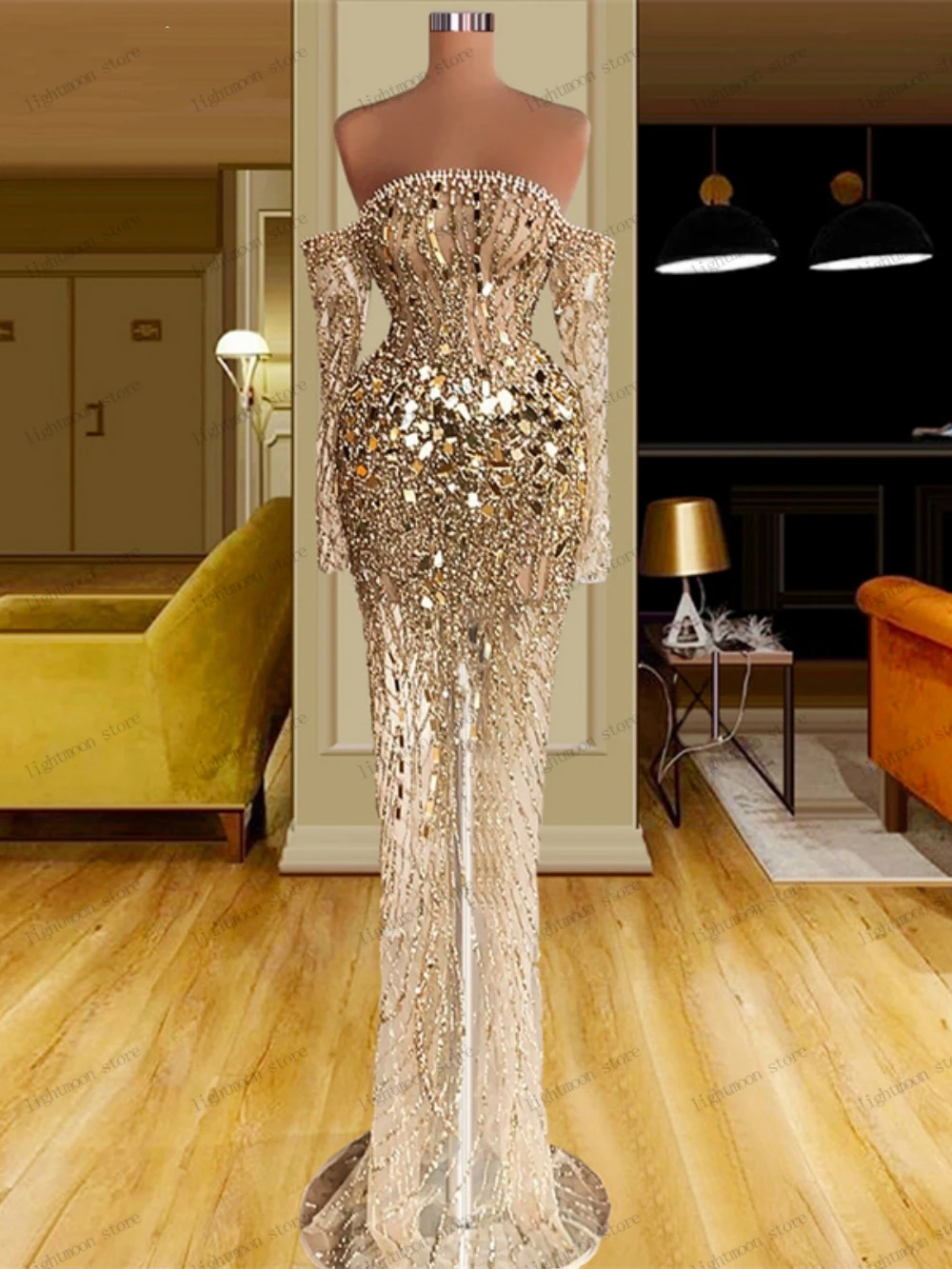 Glitter Prom Dress Graceful Evening Dresses For Women 2024 Scalloped Full Sleeves Ball Gowns Shiny Sequin Robes Vestidos De Gala