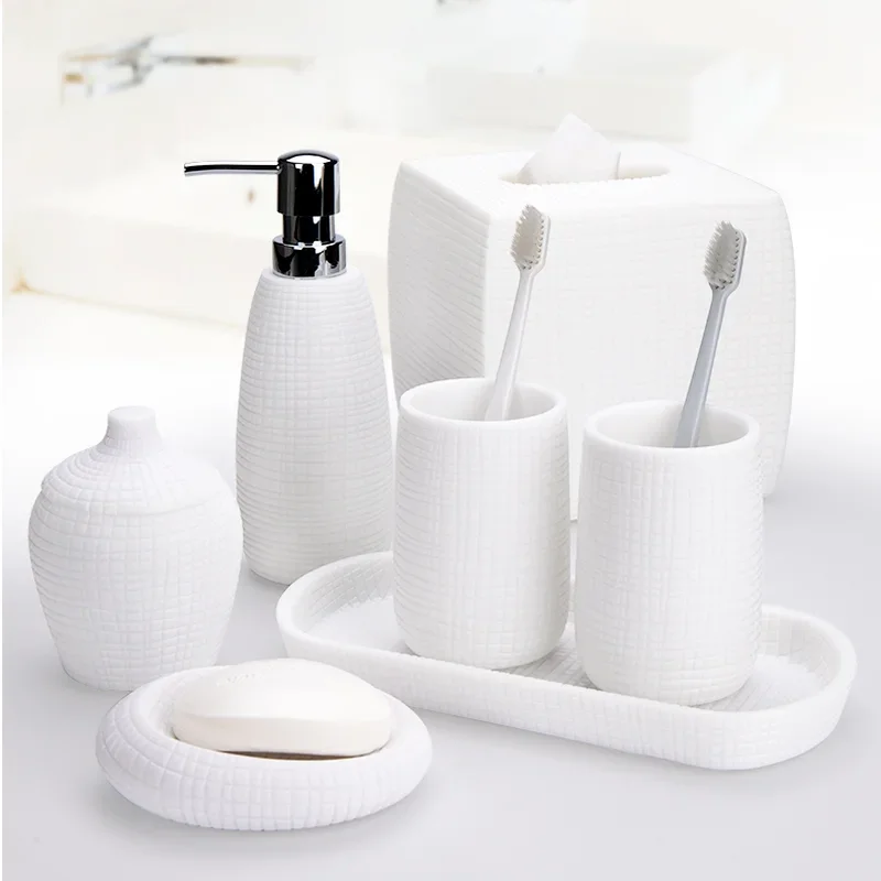 White Resin Bathroom Wash Supplies Five Piece Set Cotton Swab Box Lotion Bottle Soap Dish Toothbrush Holder Mouth Cup