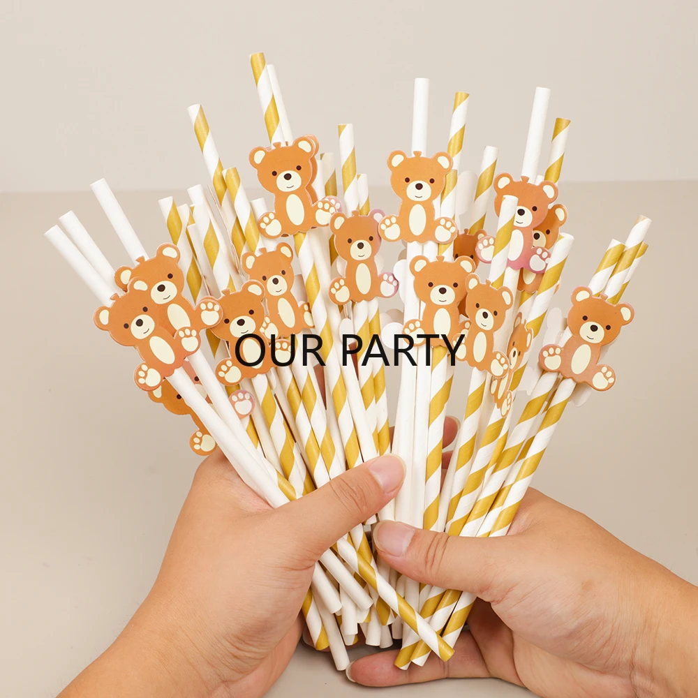 30Pcs Cartoon Brown Bear Theme Disposable Paper Straws Bar Juice Drinking Straw Kids Birthday Baby Shower Party Decoration