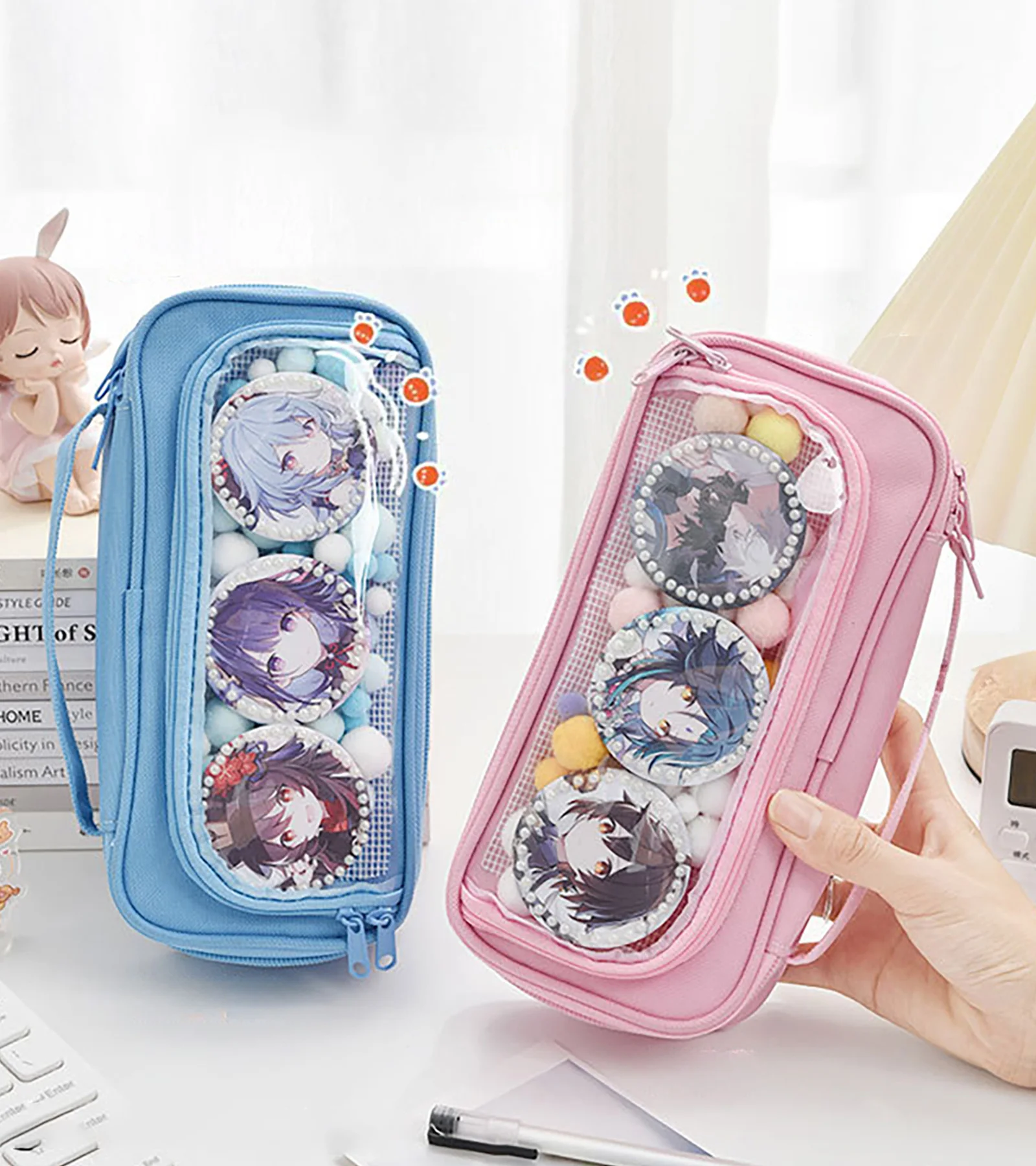 Itabag-Grid Malha Lápis Estojo com Janela Clara, Kawaii Pin Display Bag para Estudante Adolescente, Escola Universitária e Escritório