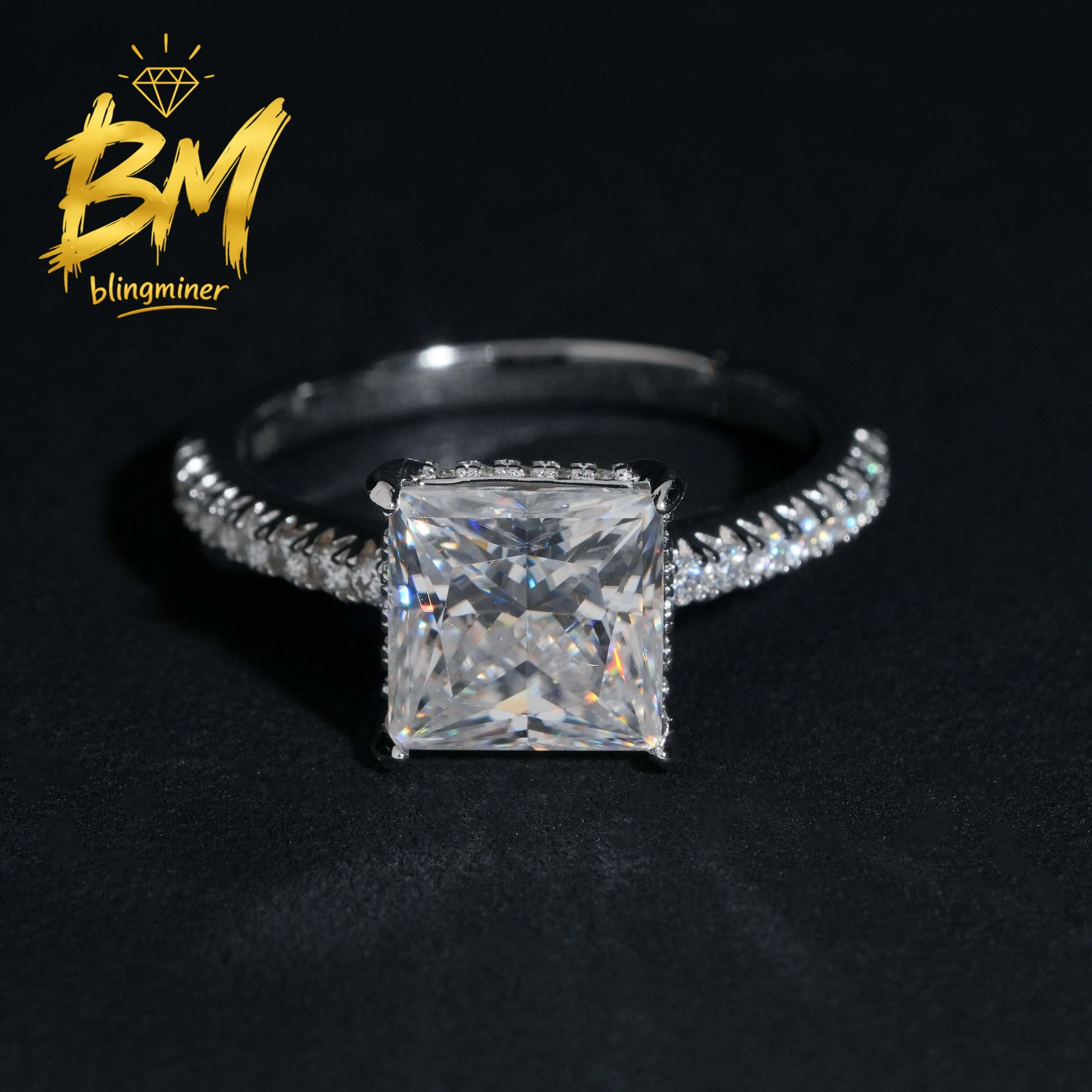 Blingminer S925 Silver Princess 3CT Luxury Fine VVS Moissanite Rings Engagement Wedding Women Finger Jewelry Pass Diamonds GRA