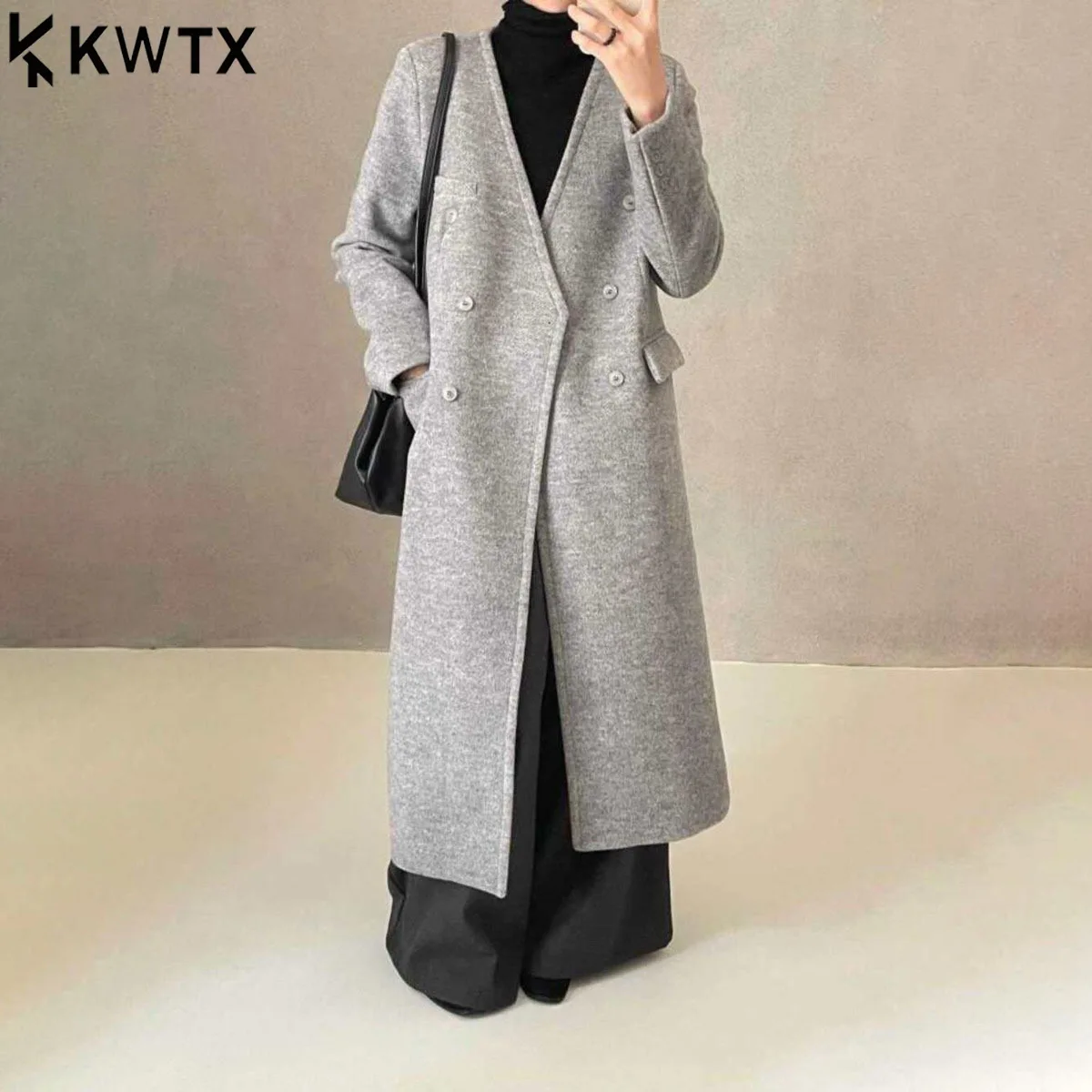 

KWTX женское двубортное шерстяное пальто с v-образным вырезом, дизайнерское шикарное винтажное элегантное однотонное пальто премиум-класса, осень-зима, новинка 2025 г.