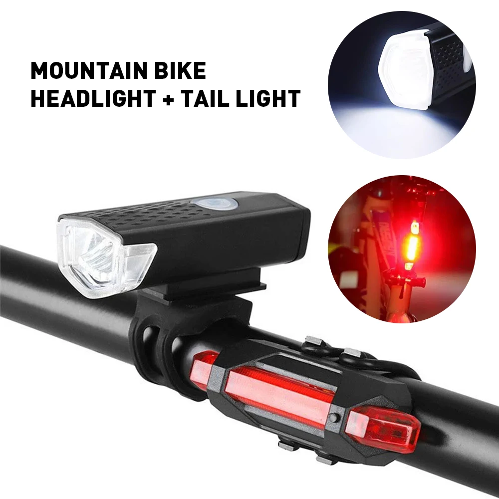 USB Rechargeable LED Mountain Bike Lights Bicycle Torch Front & Rear Light Set