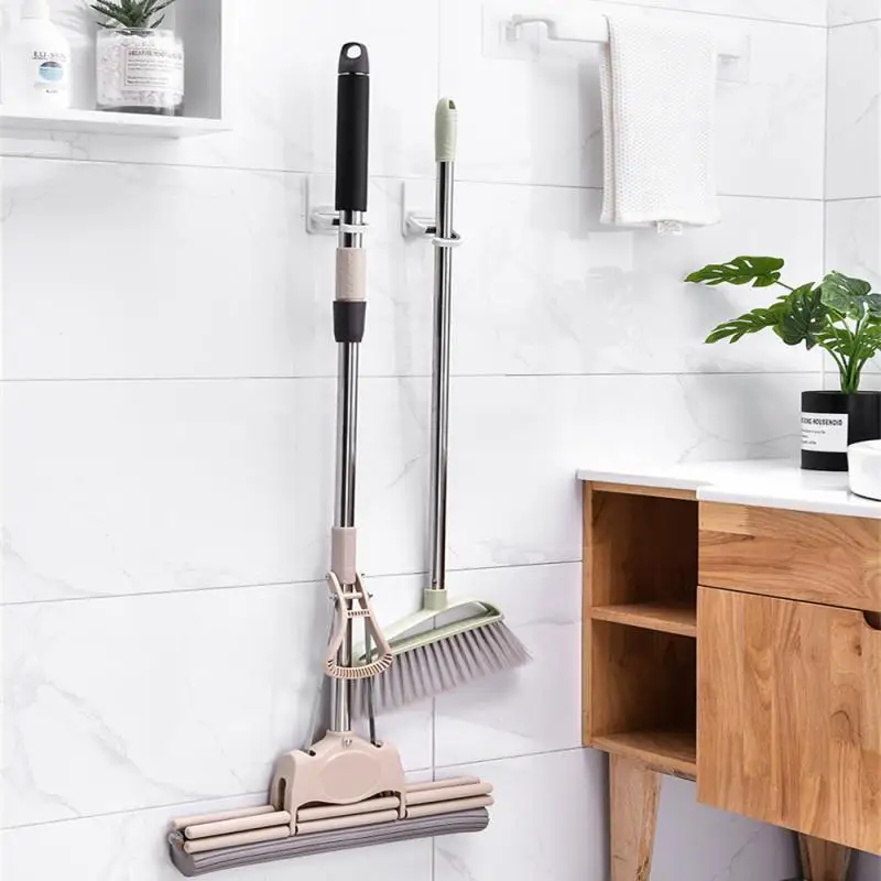 Mop Holder Wall Mount Broom Mop Hanger Punch-Free Self-Adhesive Umbrella Mop Clip Organizer Storage Rack Bathroom Accessories