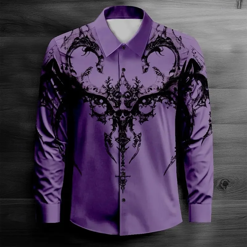 Men's Purple Dark Demon Skull Gothic Pattern Print Long Sleeve Shirt Lapel Button Tops For Punk Street Nightclub Outfit