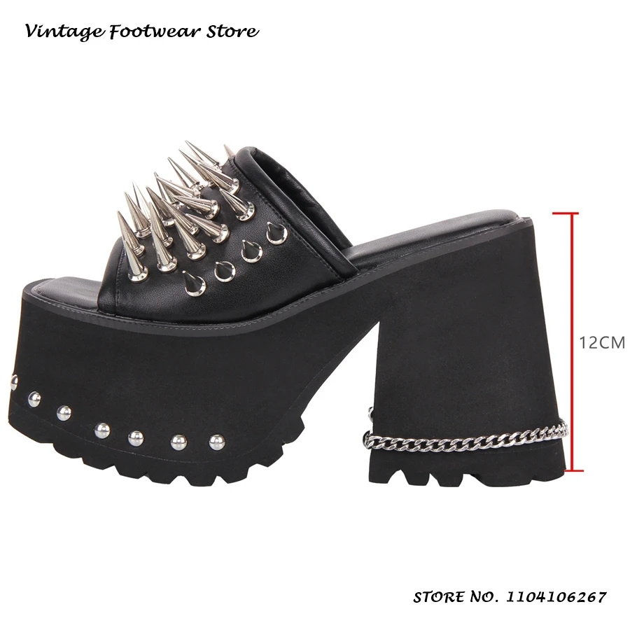 Spike Embellished Platform Slippers Punk Square Open Toe Block Heel Plus Size Shoes Women's Street Style Casual Slip-on Mules