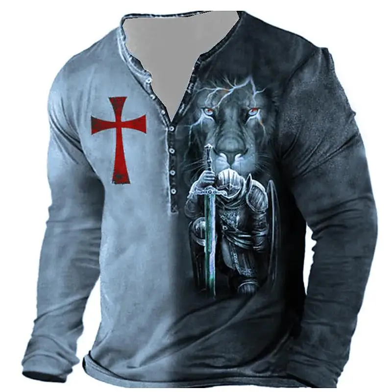 Vintage Men\'s Knight Cotton T Shirt 3d Printed Knight Gothic Long Sleeve T-shirt Oversized Tops Tee Shirt Man Punk Streetwear