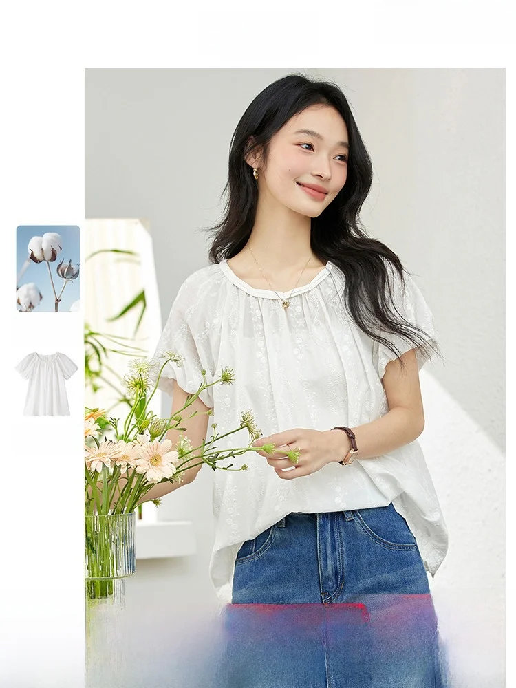 

Новая женская летняя футболка свободного кроя с вышивкой, из хлопка, с коротким рукавом и круглым вырезом, повседневная