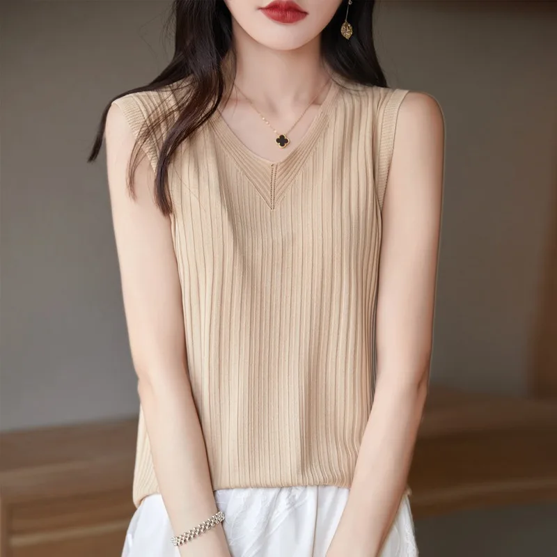 رقيقة الحرير الجليد حزام سترة المرأة الصيف ملابس خارجية محبوك التخسيس V-Ne Svel أعلى عادية Sle لون نقي Faionable #4