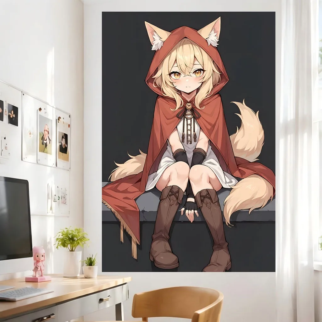 Cute Anime Fox Girl Wall Tapestry Little Red Riding Hood Kemonomimi Art Wall Hanging Dorm Bedroom Aesthetic Home Background Deco