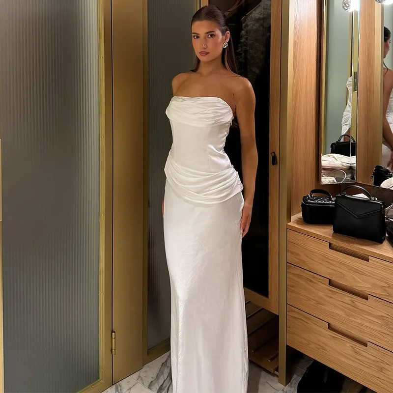 

2025Summer New Women's Solid Color Elegant Satin Ruched Slim Fit Tube Dress Wholesale