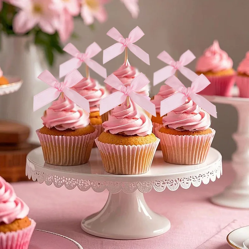 12 Stück Cupcake-Topper mit rosa Schleife, rosa Schleife, Geburtstagsdekoration, Mottoparty-Dekoration, Brautparty-Kuchen-Topper, Party-Dekoration