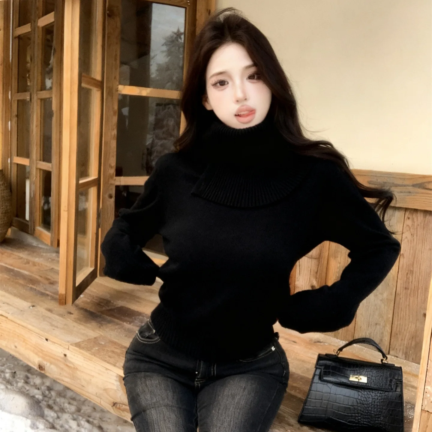 

Trendy High Collar Knitted Sweater Long Sve Removable Lazy Sle Winter New Arrival Women's Faion Warmth Clothing