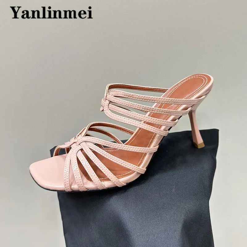 

Sexy High Heels Slippers Woman Genuine Leather Narrow Band Party Shoes Square Peep Toe Summer Slides Thin Heels Sandals Women