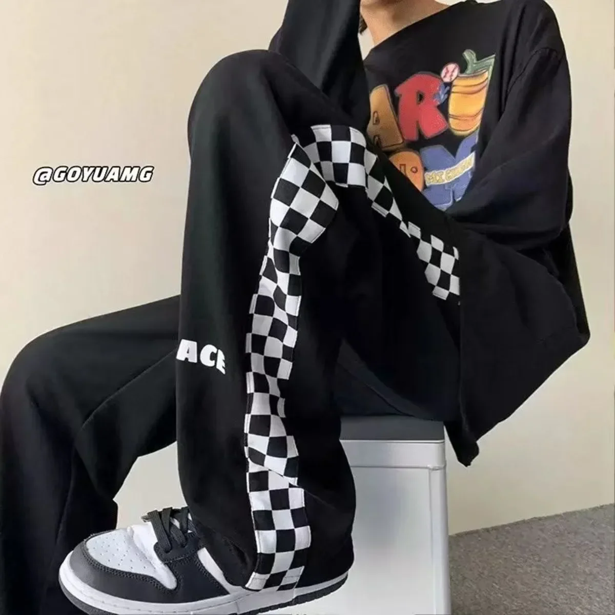 2026 Oversize Checkerboard Printed Spring Autumn Japanese Sweatpants Men Cargo Pants Harajuku Jogger Trousers Streetwear