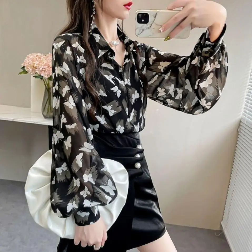 Temperament Top Tee 2024 New Spring Autumn Loose Printing Lantern Sleeve Blouse Ladies Turn-down Collar Women\'s Shirt Fashion