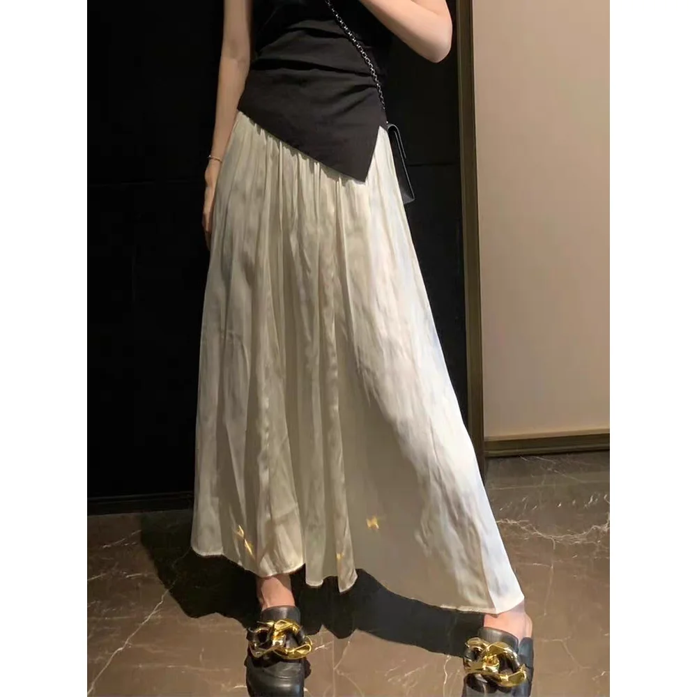 Silky High Waist A-Line Midi Skirt Women's Summer New Design Acetate Crepe Slimming Skirt in Beige Color Elegant Draped Skirt