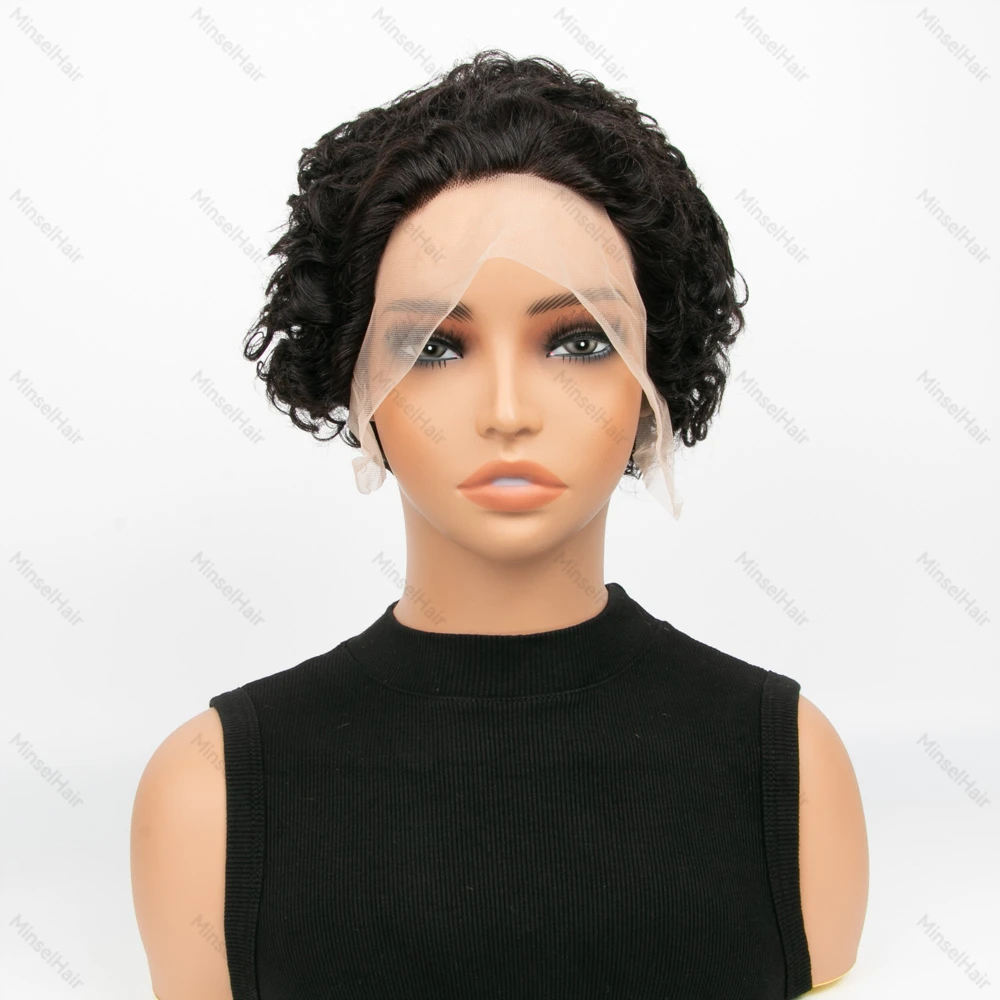 Peluca Frontal de encaje HD 13x1, pelucas rizadas con corte Pixes, cabello humano hinchable, 180% de densidad, 6 pulgadas, pelucas cortas rizadas prearrancadas de moda