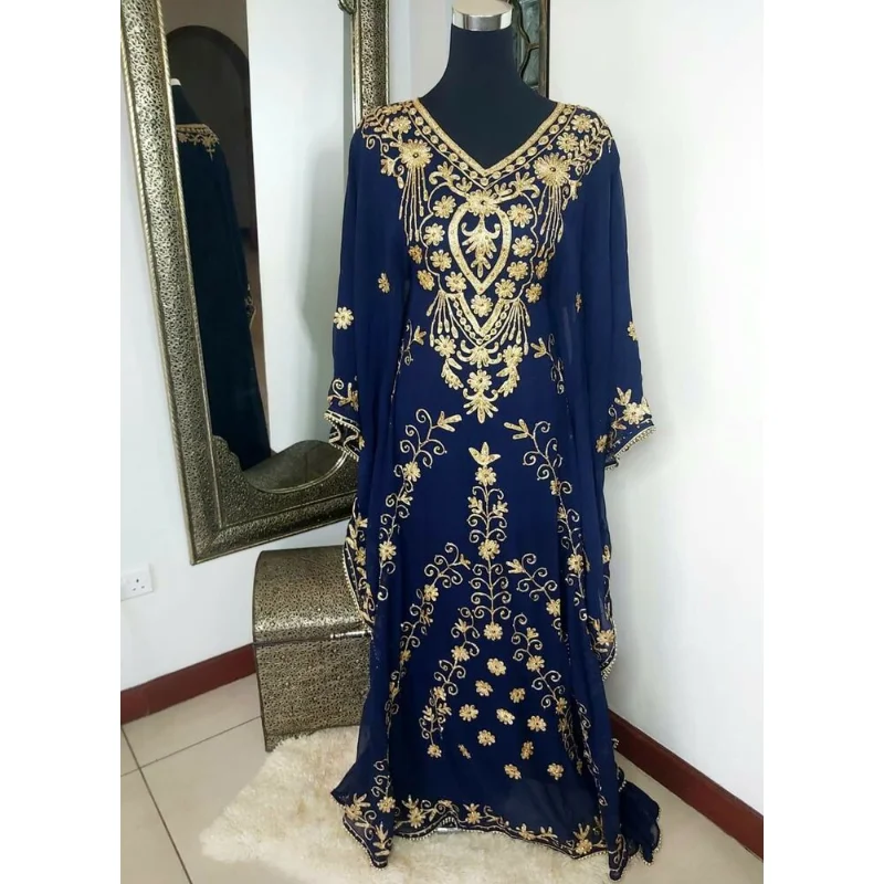 Dress Navy Blue Kaftans Farasha Abaya Long Dress In Dubai Morocco Fashion Trend In Europe and America