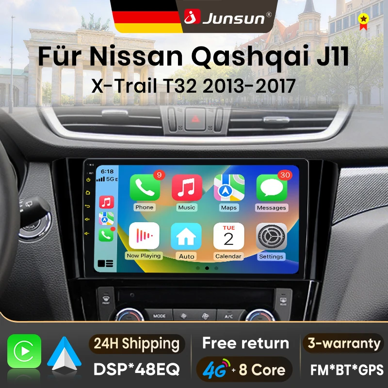 Autoradio Android 15 Junsun 10 pouces pour Nissan Qashqai J11 X-Trail 3 T32 2013-2017, sans fil, compatible Apple CarPlay, écran IPS, lecteur multimédia vidéo, système intelligent automobile, autoradio 2 Din, GPS, navigation, BT, 4G, WIFI, FM, AM, DAB+