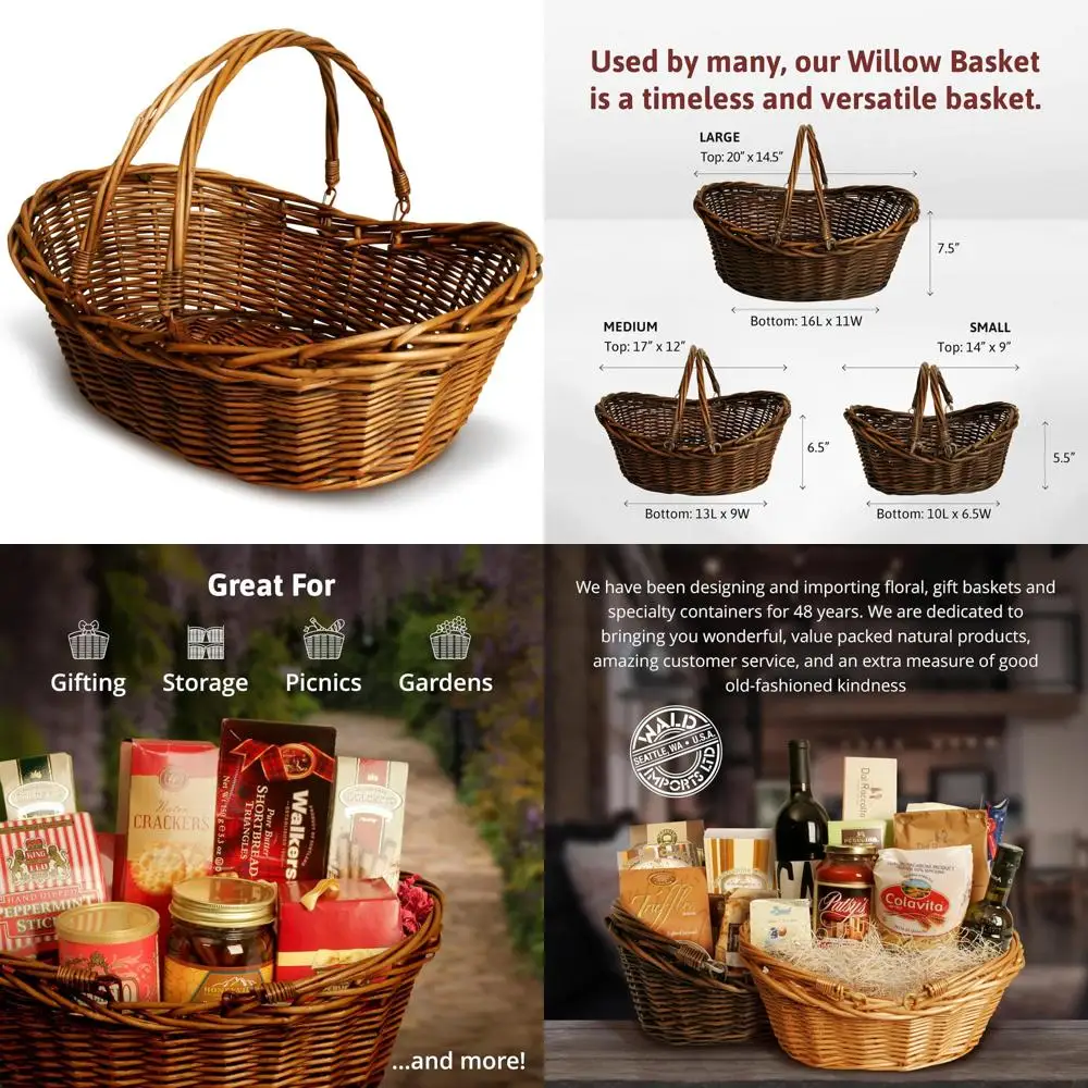 

wald imports - medium wicker basket with handle - dark brown hand woven harvest basket - wicker flower basket for storage, picni