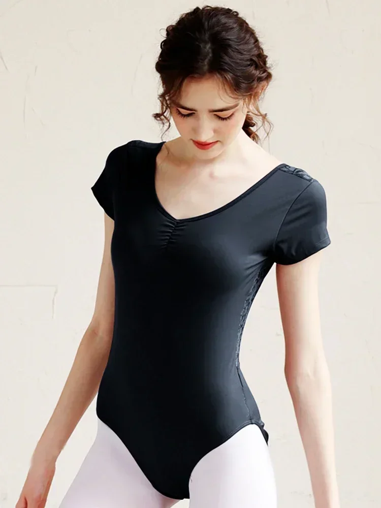 ارتداءها فستان رقص الإناث الكبار الدانتيل الخامس الظهر قصيرة الأكمام قطعة واحدة الصينية الرقص الجسم فستان الباليه فستان التدريب