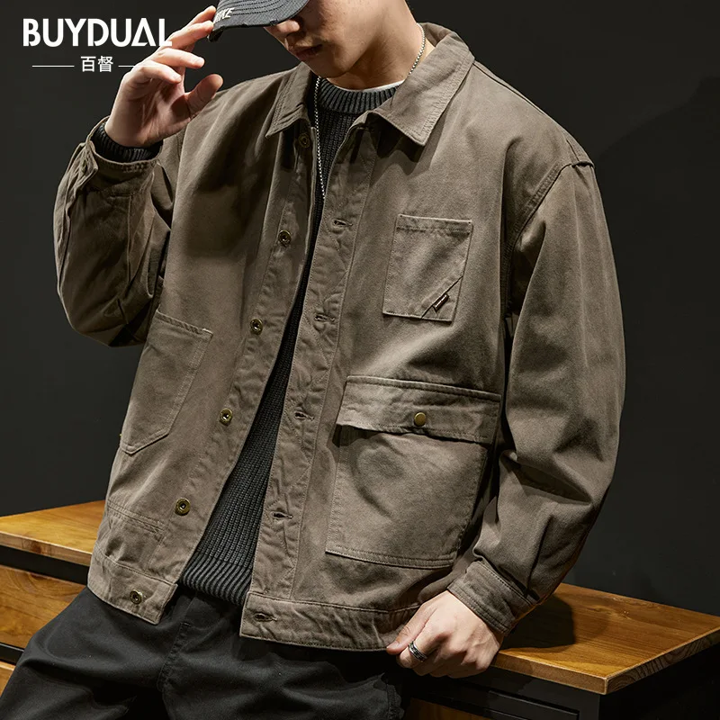 Retro casual shirt jacket men spring fashion brand loose large size tops American workwear jacket spring and autumn