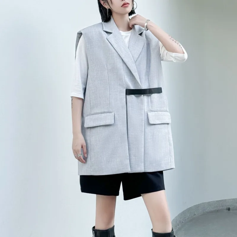 EAEOVNI ファッション革パッチワークブレザー女性ノースリーブルーズポケットオフィスレディコートカジュアル 2025 夏の新服