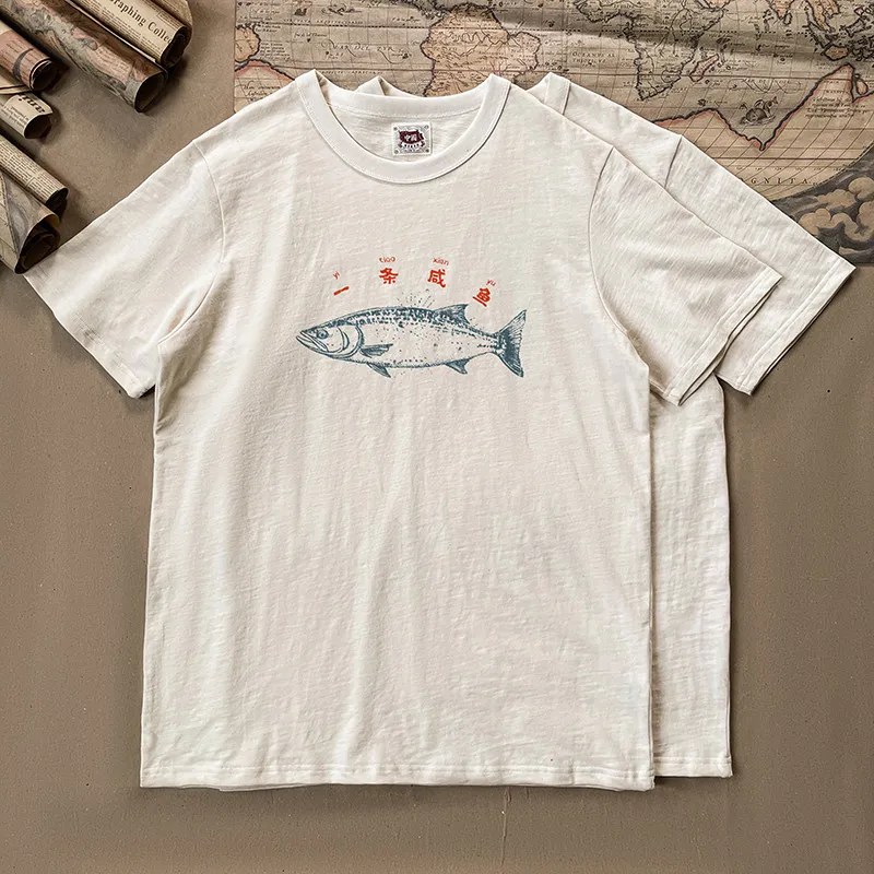 Men's Retro Fish Print Short Sleeve T-Shirt 230gsm 100% Cotton Crew Neck Tee Chinese Character Graphic Summer Casual Unique Top