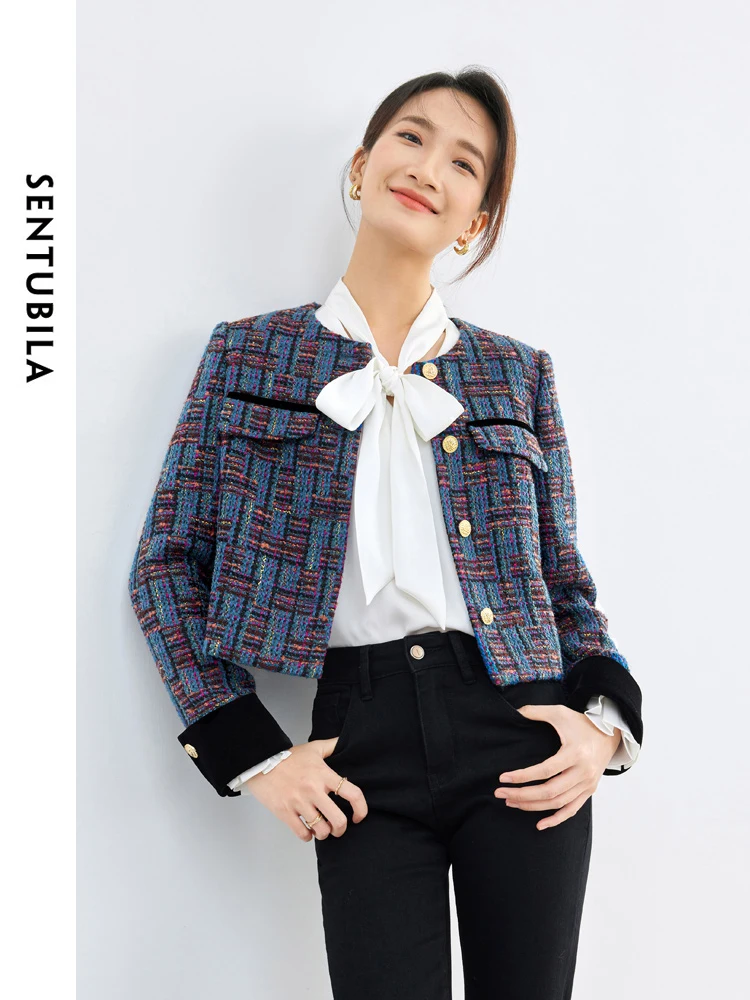 

SENTUBILA Women Cropped Tweed Jacket 2025 Spring Fall Fashion Ladies Contrast Long Sleeve Short Tweed Coat Outerwears 141W53206