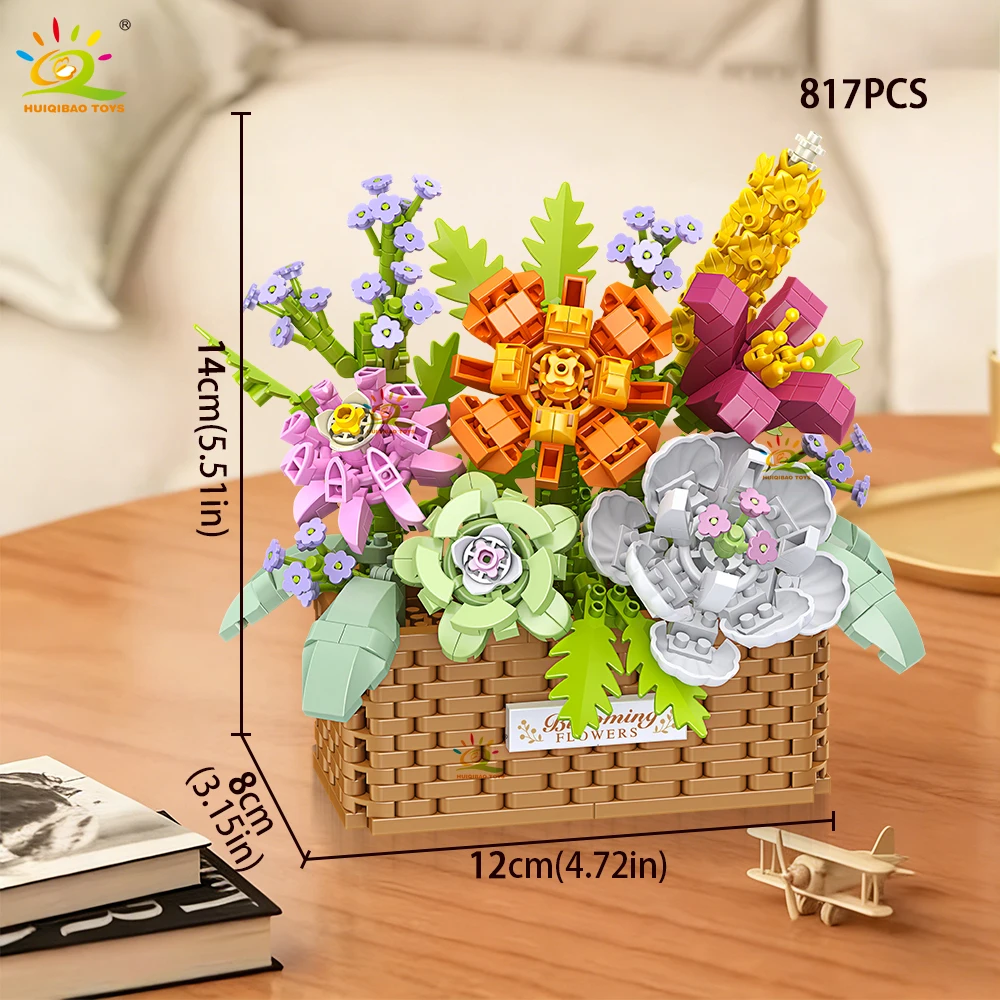 HUIQIBAO MOC Rosen-Sonnenblumen-Blumentopf Mikro-Baustein-Set DIY Blumenstrauß-Korb Mini-Diamant-Bausteine Kinderspielzeug Schreibtisch-Deko – Detail 3