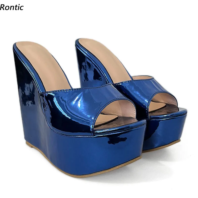 

Rontic New Arrival Women Summer Mules Sandals Unisex Wedges Heels Open Toe Gorgeous Metallic Blue Fuchsia Shoes US Size 5-20