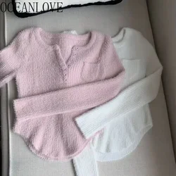 OCEANLOVE Y2k odzież damska swetry solidna V Neck jesienne ubrania zimowe seksowne swetry Slim koreański Fashion Pull Femme Vintage