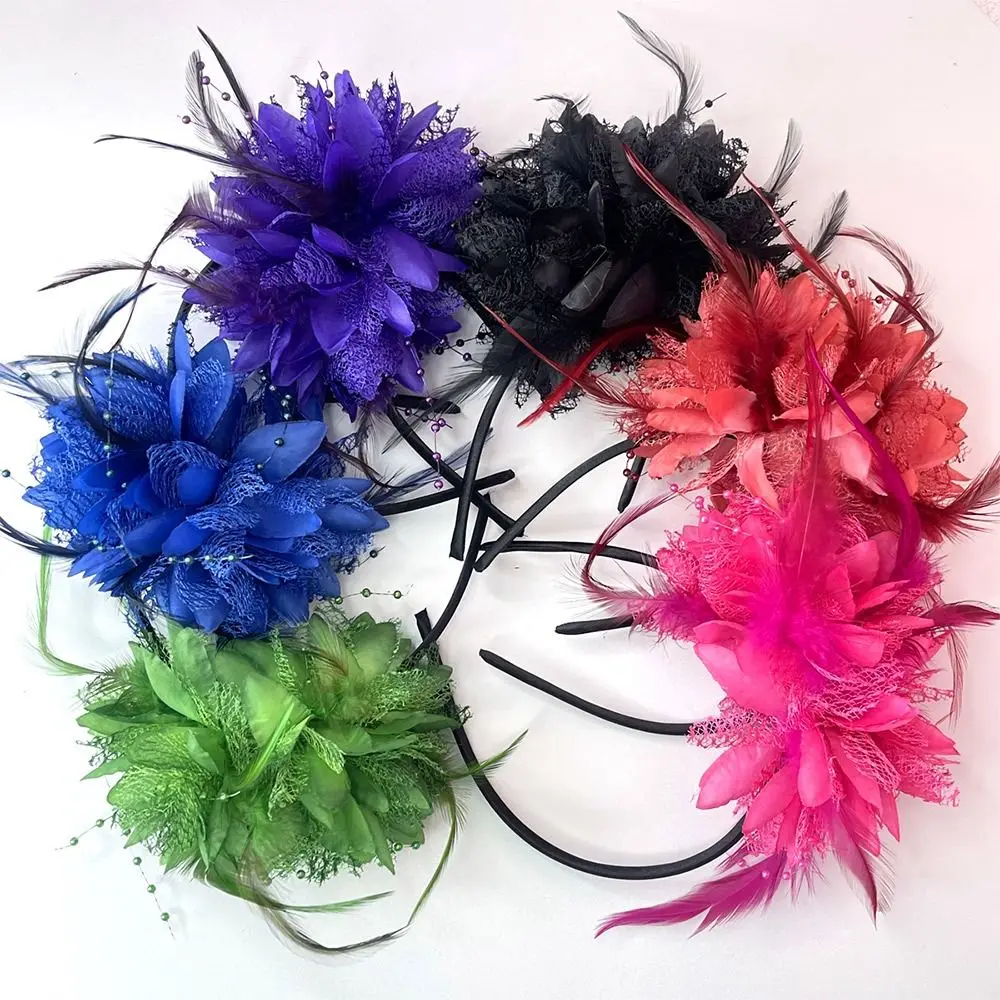 Vintage Feather Flower Headband Tea Party Wedding Party Mardi Gras Hair Accessories Horse Racing Festival Headwear for Women