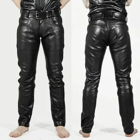 Mens Faux Leather Pants PU Material Black Slim Fit Motorcycle Leather Trousers For Male