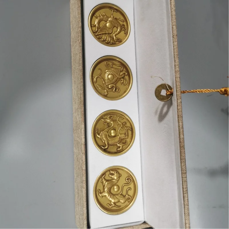 Solid set of four mythical beast paperweights with gift box, brass , calligraphy copper paperweight, decorativ