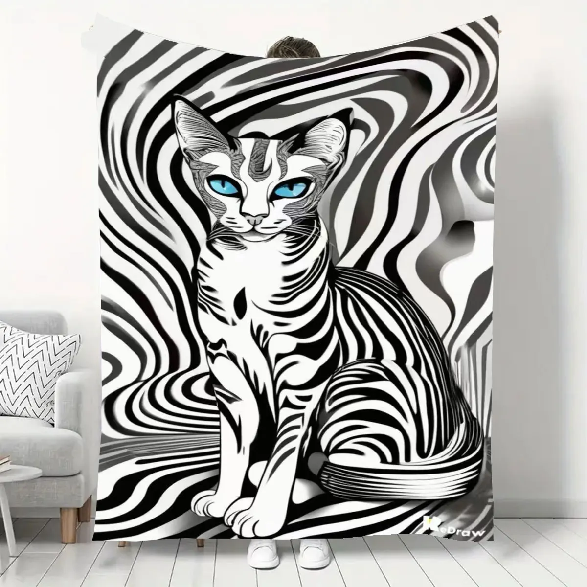 Large Zebra Cat Pop Art Print Throw Blanket Bed Decor Cozy Modern Black White 150x200cm