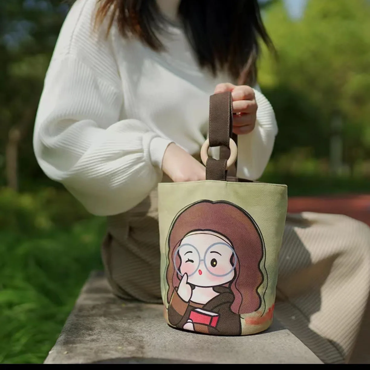 Office worker portable tote canvas bucket bag cute bucket-shaped lunch bag for moms on the go.
