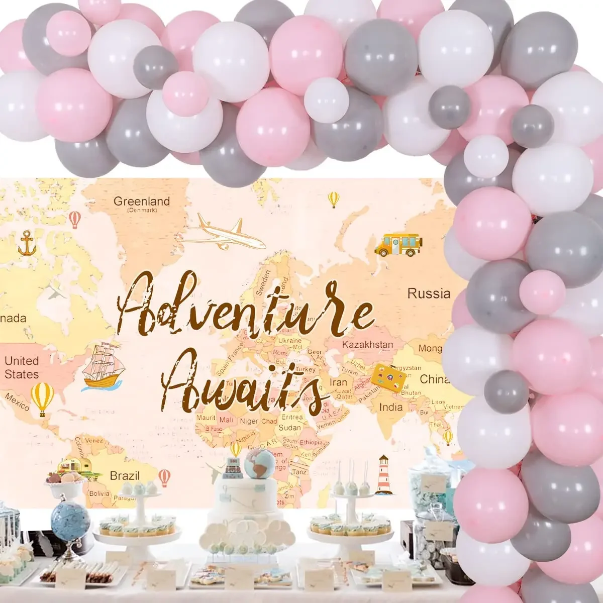 

SURSURPIRSE Travel Theme Party Decorations Balloon Garland Arch Kit Pink Gray Balloons Adventure Awaits Backdrop Party Supplies