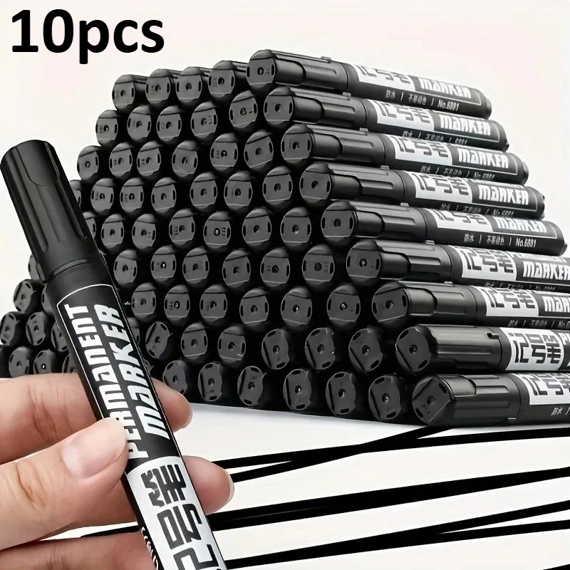 

Набор перманентных маркеров, 10 шт., черные водостойкие ручки на масляной основе, чернила высокой емкости для офисных принадлежностей и различных поверхностей, ручка-линер