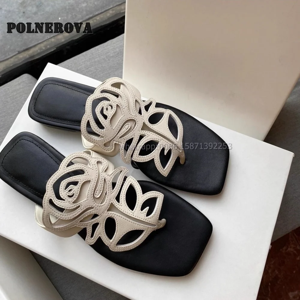 Rose Hollow Out Bicolor Slides Comfortable Vacation Shoes 2024 Summer Clip Toe Flat with Side Air Slip On Casual Women Slippers