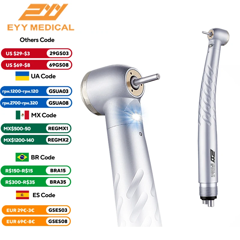 EYY Dental LED High Speed Handpiece E-generator Integrated Standard Head Push Button 3 Water Spray 2/4 Hole Dentist Tips