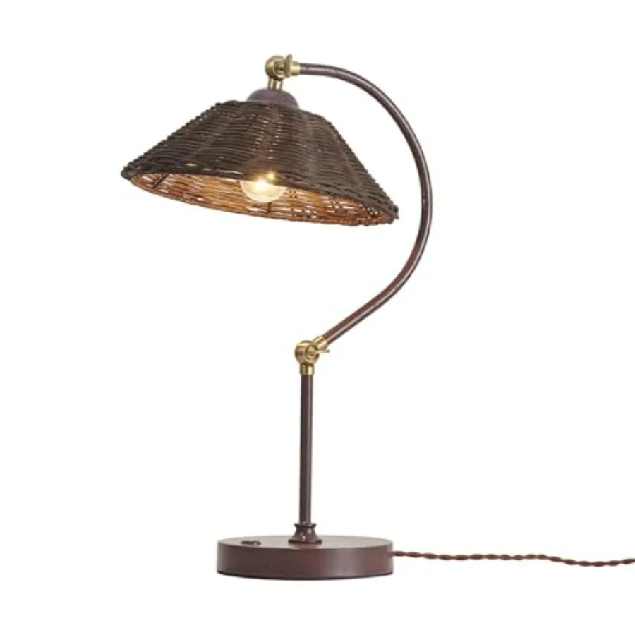 

Woven Rattan Table Lamp, Boho Handmade Rattan Shade, Anti-Rust Iron Base Vintage Dark Brown Plug in Desk Lamp, Plug and Play Be