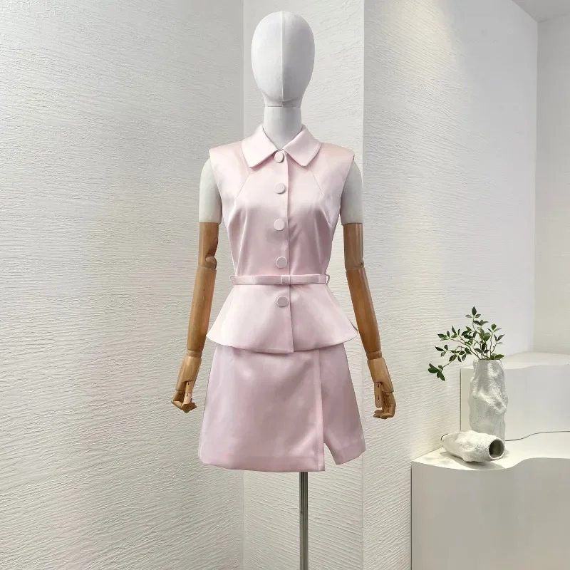 

2025 New Pink Sweet Spring Summer Elegant Hem Sleeveless High Quality Turn Down Collar Women Waist Mini Dresses