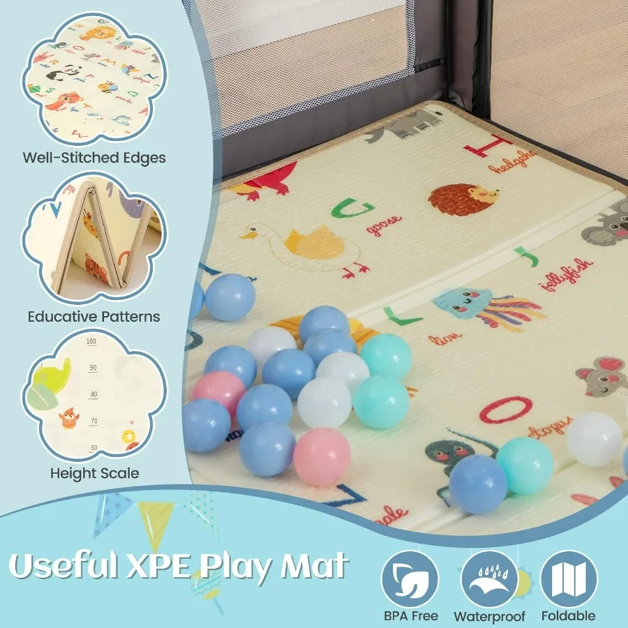 คอกกั้นเด็ก 74 x 62 ซม. ขนาดใหญ่พิเศษ พร้อมแผ่นรองคลาน 50 ลูกบอลทะเล 4 ห่วงบอลพองลม ห่วงบาสเก็ตบอล และลูกฟุตบอล 2 ลูก