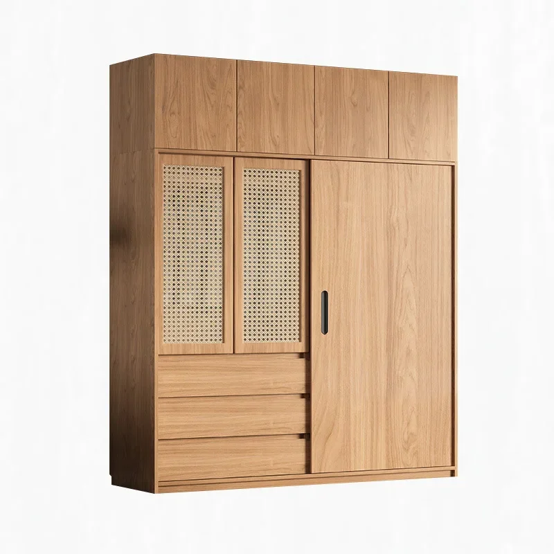 

Шкаф-купе из дуба с плетеными элементами из ротанга для спальни, для небольшой квартиры, цвет натурального дерева, массив дерева