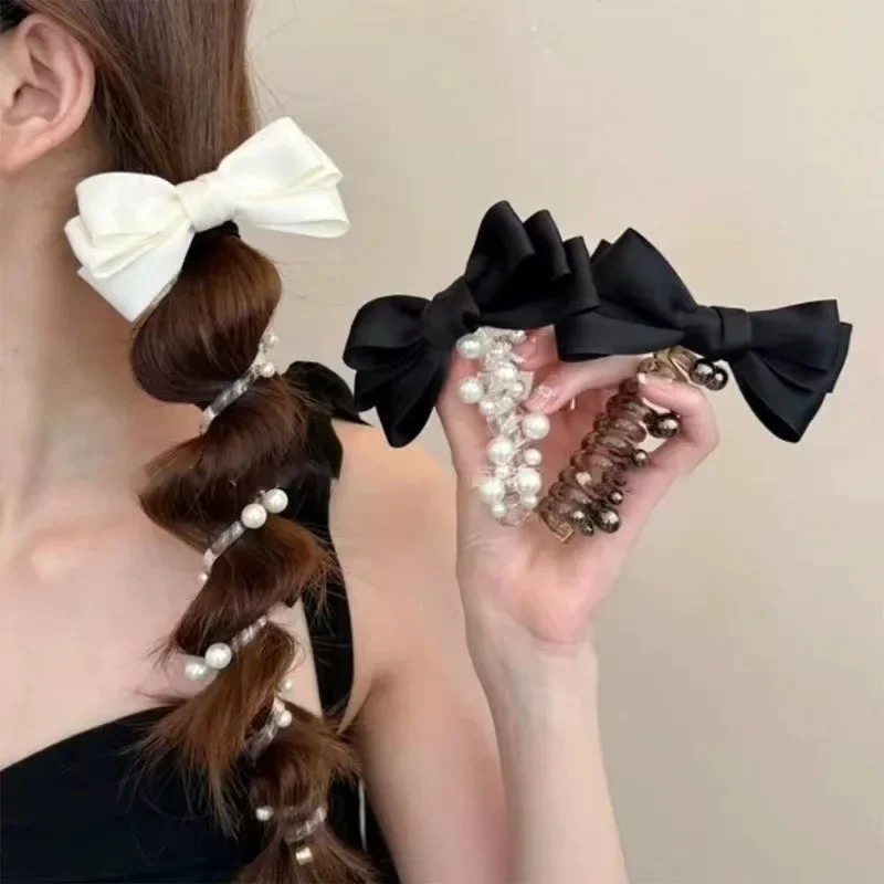 

Pearl-Embellished Bow Hair Scrunchies – Telephone Wire Coil Hair Ties for Women, Bubble Braid & Twisted Ponytail Accessories