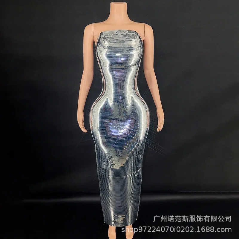 Zilver glanzend slank slank gala-avond muziekfestival zanger liedpak live house prestatiepak verjaardagsoutfits avondjurken